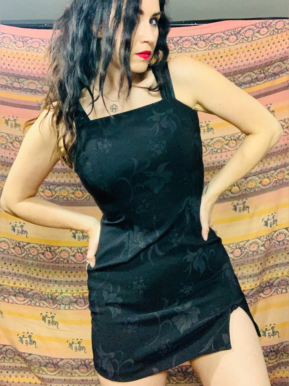 Vintage 90s Rampage Black Jacquard Square-Neck Mini Dress with Side Slit